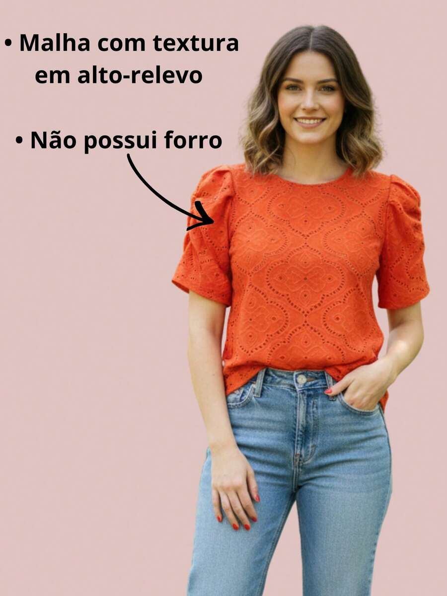 Plus Size Blouse In Textured Knit Fabric With Elasticated Princess Sleeves, Lightweight And Comfortable Fit, Body-Flattering Design. - 鮮豔的赤陶 - 查看 1