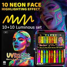 12色夜光面部及身体彩绘蜡笔，适用于万圣节服装派对，霓虹黑光荧光面部及身体彩绘，适合儿童和成人，万圣节嘉年华霓虹面部彩绘蜡笔 - 彩色 - 查看 20