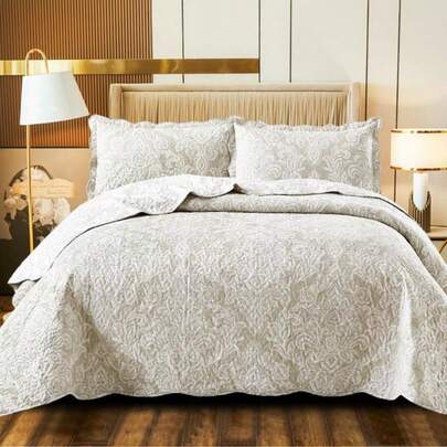 3 Piece Quilted Patchwork Bedspread Throw - Single Double King Size Bedding Set