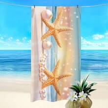 1条黄色海星珍珠印花沙滩巾，超柔软纤维长方形速干吸水沙滩巾，适合户外旅行、露营、海滩、浴室、春夏秋季度假，沙滩必备品 - 彩色 - 查看 1