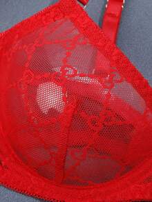 3件套性感女士蓝色网纱刺绣吊带背心内衣套装 - 紅色 - 查看 3
