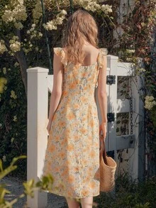 Simple Retro Đầm dài dáng suông cổ vuông thắt eo phối màu dành cho nữ mùa xuân hè, họa tiết hoa toàn thân màu vàng, lãng mạn, thanh lịch, cổ điển, ôm sát. - Màu vàng - Xem 2