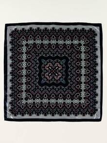 1pc Women's Popular Printed 90cm Square Scarf With Chain, Suitable For Daily Wear Satin Headscarf/Bandana - Cashew Flower - Navy Blue - View 5