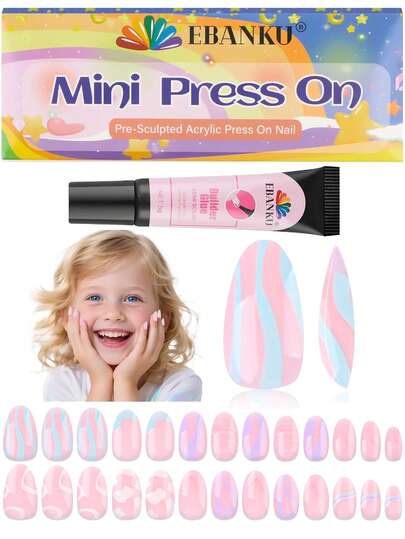 EBANKU 26pcs Press-On Nails, 1 Pack Kids Fake Nails Set, Suitable For Girls Short Artificial Nail Tips