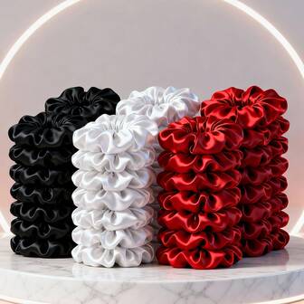 22件套缎面发圈套装 - 经典撞色黑、白、红发饰，适合女孩