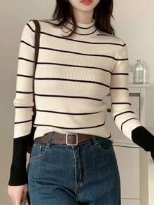 Women's Mock Neck Sweater, Fitted Knit Top, Versatile Layering Piece For Winter - Apricot - View 4