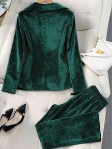 Women's Velvet 2-Piece Set, Long Sleeve Blazer Jacket And Casual Pants, Faux Pocket Elegant 2-Piece Set, Thanksgiving Halloween Vibe, Autumn New Arrival Fashion Must-Have High-End Luxurious Long Sleeve Belted Loose Straight Pants 2-Piece Set, Versatile Daily Wear, Graceful & Youthful, Autumn/Winter