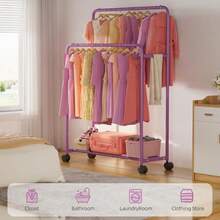 Simple Trending - Perchero de ropa doble con ruedas estante de metal enrollable para colgar dorado - Morado - Ver 5