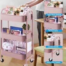 Carrito de Alenamiento Metal con 3 Niveles Carrito de Utilidad móvil Organizador con Ruedas Fácil de Montar para Oficina para Baño Cocina Salón Oficina Rosa - Rosa -0 - Ver 5