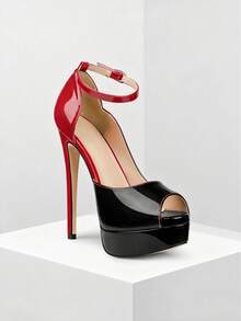 MERUMOTE New Women's Platform Stiletto Pumps Peep Toe 6"/15CM High Heels Ankle Strap Heeled Sandals Shoes For Party Wedding Prom - Red Black - 查看 6