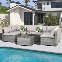 7 Piece Outdoor Rattan Wicker Patio Conversation Sets All Weather With Glass Tables And Cushions, Suitable For Gardens, Terraces, Balconies, Swimming Pools, Courtyards, Etc.(Light Gray) - 淺灰色 - 查看 7