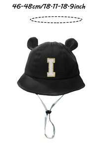 1pc A-Z Letter Print Sun Hat, Unisex Kids, Wide Brim Outdoor Sun Protection Cap With Chin Strap - Black - View 11