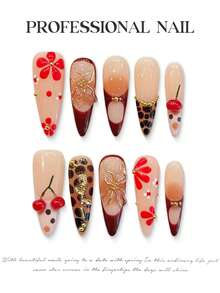 10Pcs Fake Nails With Cherry Leopard Print Long Pointed Design Pressure On Nail For Hot Girl Dress Matching Nail Supplies - Multicolor - View 5