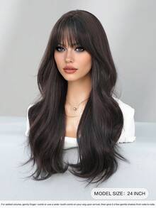 7JHH WIGS 26英寸长款深棕色波浪卷发假发，带刘海，黑色/棕色合成纤维卷发假发，全机编织，高密度，耐热，适合女性日常佩戴、音乐节角色扮演等场合。 - 深棕色 - 查看 5
