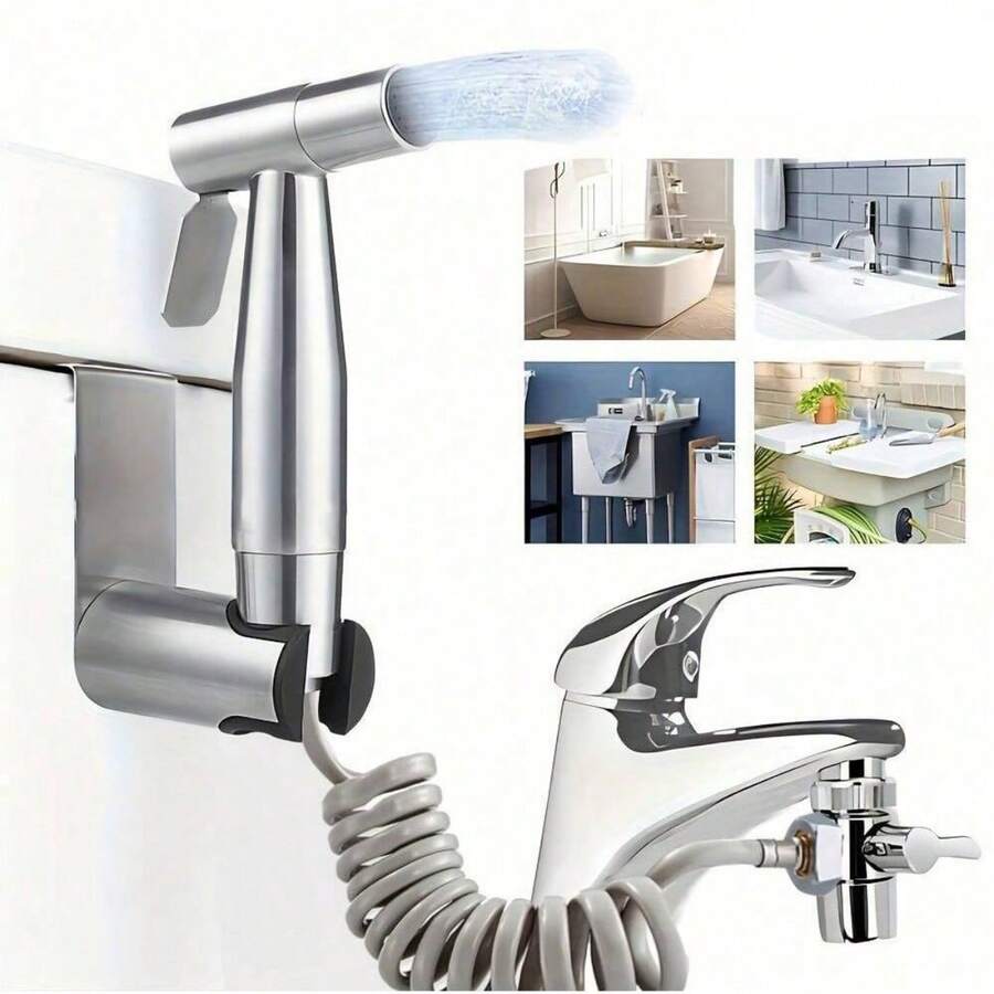 1 Set Sink Sprayer Handheld Faucet Sprayer, Stainless Steel Spray Gun With Retractable Spring Hose, 3-Way Diverter Valve, Spray Head Holder And Universal Faucet Diverter, Suitable For Women's Cleaning, Baby Diaper Cleaning