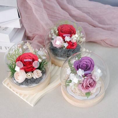 Artificial Rose Flowers Glass Cover Simulation Eternal Rose Flower Mothers Day Gifts Party Supply Valentine's Day Wedding Decor