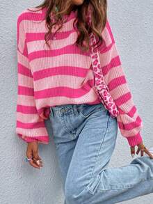 Women's Casual Pink Striped Round Neck Long Sleeve Rib-Knit Pullover Sweater Top - Đỏ - Xem 2