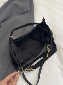 Bolso de mano a rayas de moda para mujer, bolso de hombro de gran capacidad, bolso con cremallera y cadena de metal para uso diario - Negro - Ver 2