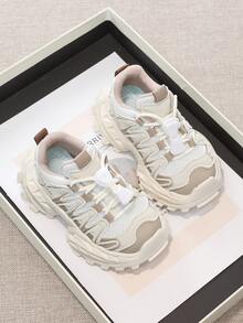 1 Pair Kids' Mecha Chunky Sneakers, Mesh Breathable, Boys/Girls Thick Sole Shock Absorbing Anti-Slip Toddler Athletic Shoes, Fashionable Casual Running Shoes - Beige - View 2