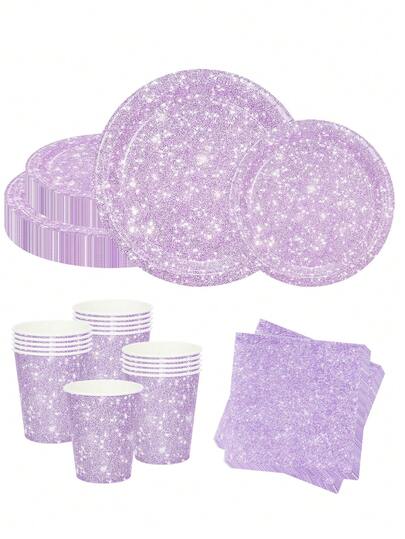 10pcs/20pcs Pastel Purple Party Tableware Set Paper Plates Cups And Napkins Purple Glitter Party Supplies Dinnerware Set For Women Girl Birthday Party Decorations Wedding Anniversary
