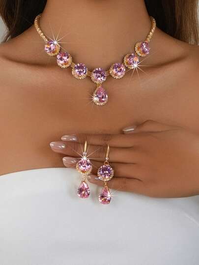 Set de 3 piezas de collar con gota de agua brillante, conjunto de joyas de collar y aretes para mujer para fiesta, cumpleaños, novia, boda