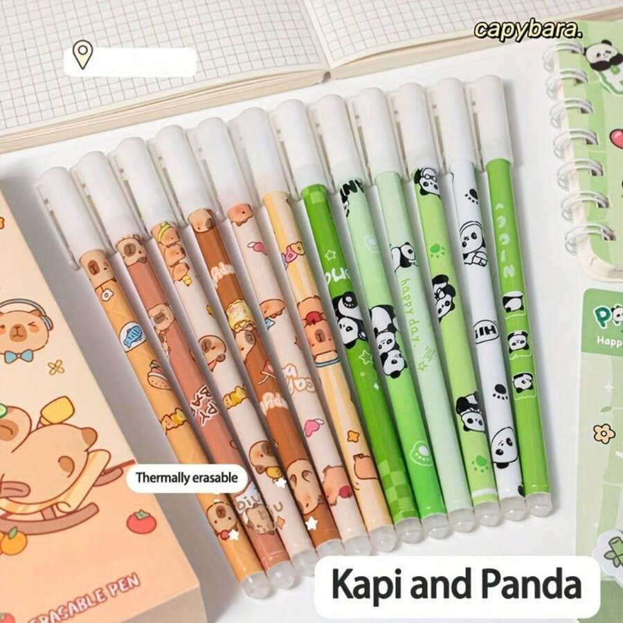 Panda/Capybara 12pcs Boxed Cute Animal Pattern Press Pens Thermal Erasable Gel Pens For Notes And Diaries 0.5mm Blue Ink, Large-Capacity Multi-Layer Pencil Case, Back To School Supplie Essentials Office Supplies Valentine's Day Gifts