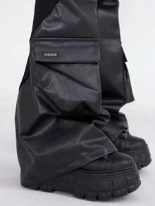 polve 1 Pair Y2K Style Black Faux Leather Patchwork Ribbed Punk Rock Volumized Pocket Leg Warmers, Slimming & Leg Shaping - Black - View 4