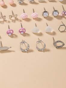 Bộ 30 đôi bông tai kim loại tối giản thanh lịch đính ngọc trai giả, hoa nhỏ, đá pha lê, hình trái tim và nơ, quà tặng sang trọng dành cho phụ nữ. - Nhiều màu - Xem 5