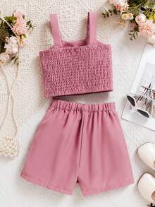 2pcs/Set Girls Cute Pink Outfit: Bow Strap Camisole + Side Button Shorts, Refreshing Summer Wear For Toddlers - Pink - View 2