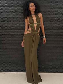 Women's Casual Vacation Party Party Temperament Elegant Sexy Hot Girl Hollow Backless High-Waisted Dress Women's Long Skirt - màu xanh lá - Xem 2