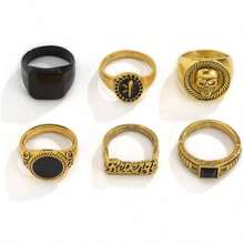6Pcs Vintage Punk Gold Rings Set Men Women, Skull Cool Style Hip Hop Statement Stacking Rings, Gothic Biker Rock Rapper Jewelry Revenge Skull  Dainty Rings - 金色 - 查看 1
