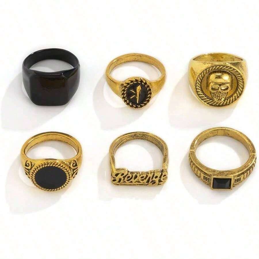6Pcs Vintage Punk Gold Rings Set Men Women, Skull Cool Style Hip Hop Statement Stacking Rings, Gothic Biker Rock Rapper Jewelry Revenge Skull  Dainty Rings - 金色 - 查看 1