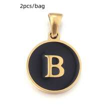 2pcs/Pack Stainless Steel Single-Sided Round English Letter Pendant, Fashionable Minimalist English Letter Pendant Necklace Accessory, DIY Jewelry Making Pendant - Black - View 29