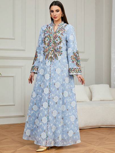 Elegant Women's Long Kaftan Robe With V-Neck Design, Featuring Exquisite Luxurious Embroidery And Beaded Decor, Suitable For Ramadan, Eid Al-Adha, Eid Al-Fitr Celebrations, Dates, And Loungewear