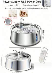 不锈钢猫饮水器，134 盎司/4 升自动宠物饮水机，带水位窗，防干烧水泵，带水龙头的超静音猫饮水器，适用于室内猫狗，可更换滤芯 - 彩色 - 查看 3