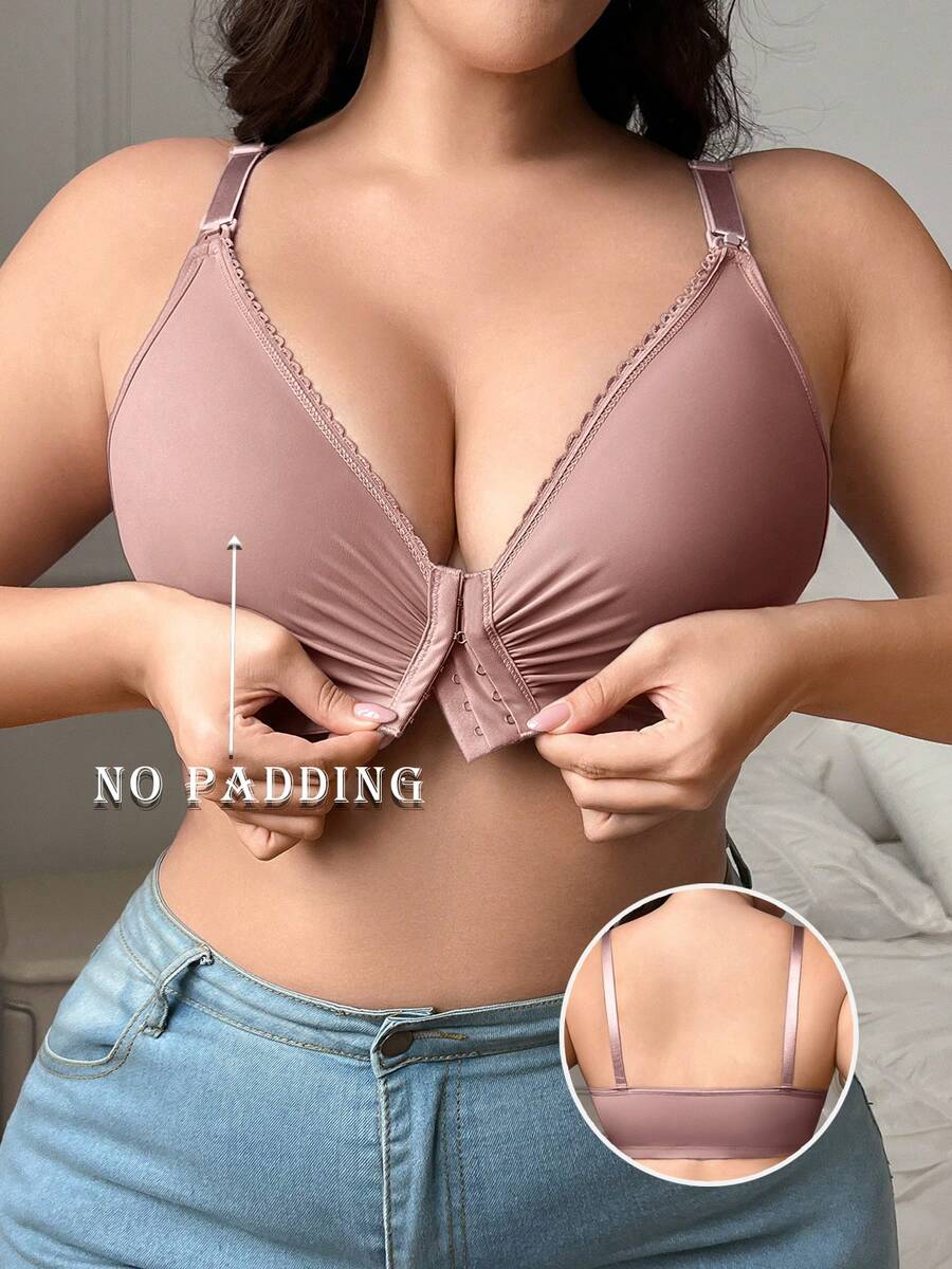 1pc Women Plus Size Comfortable Minimalist Front Closure Wireless Nursing Bra, Knit Fabric - Dusty Pink - View 1