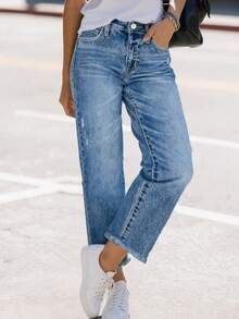 舒适宽松弹力水洗做旧蓝色毛边直筒牛仔裤，女款，街头休闲春季风 - 中等水洗藍 - 查看 4