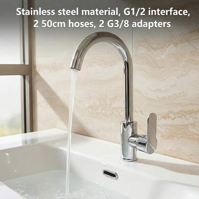 1pc Chrome Plated High Arch Bathroom Sink Faucet, Modern Dual Control Hot & Cold Basin Mixer Tap, Corrosion Resistant Chrome Faucet, G1/2 Interface, With 2pcs 50cm Hoses, G3/8 Adapter*2