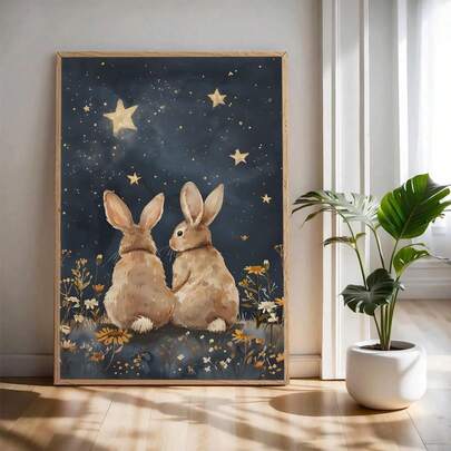 1pc Easter "Rabbits Under The Starry Sky" Canvas Wall Art - Waterproof Material, Ready To Hang | Cute Animal Pattern (Suitable For Home, Room, Bedroom, Living Room, Bathroom Decor; Available With Frame For Wall Decor)