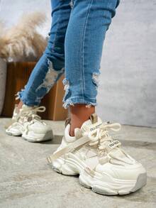 2024春夏新款软皮厚底运动鞋，女士透气网面跑步鞋，休闲运动鞋 - 米色 - 查看 3