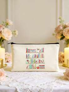 1/2件套 书迷主题创意书籍插画帆布书包，带拉链的铅笔盒套装，印有励志的“你真棒”图案，学院风帆布手提袋套装，适合返校、毕业、旅行、生日、周年纪念、教师节，以及作为感谢礼物送给同学、朋友、学生和老师。 - 米色 - 查看 56