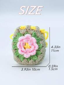 Women's Handmade Crochet Headphone Case Floral Design Drawstring Bag Mini Knitted Storage Pouch For Earbuds And Creative Gift Ideas - 卡其色 - 查看 6