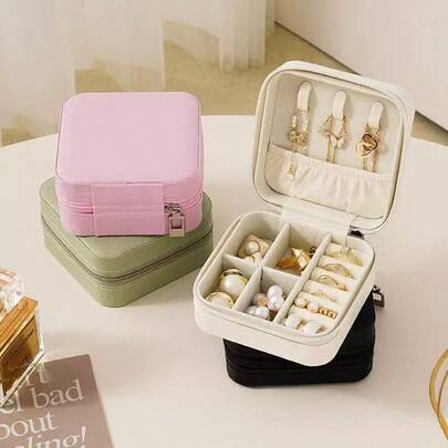 Faux Leather Jewelry Box, Perfect Choice For Holidays, Birthdays, Parties, Valentine's Day And Mother's Day, Ideal Gift For Mom And Bridesmaids, Vintage Style Travel Storage Box, With Zipper Closure, Jewelry Box; Home Goods Jewelry Travel Storage