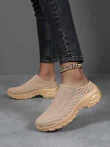 Women's Casual Sneakers, 2026 Summer New Thick Sole Heightening Wear-Resistant Slip-On Soft Bottom Lightweight Comfortable Knitted Mesh Breathable Anti-Sweat Anti-Odor Comfortable Mesh Shoes, Suitable For Middle-Aged And Elderly, Housewives, Nannies - Khaki - View 2