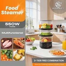 3 Tier Food Steamer. 5L Vegetable Steamer Cooker With Stackable Baskets And Rice Bowl 60 Minute Timer 550W Boiler Healthy Cooking Rice Fish Meat Dumplings - Black - View 3