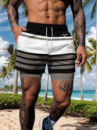 Quần short đi biển hai lớp kẻ sọc phối màu đa năng dành cho nam giới.