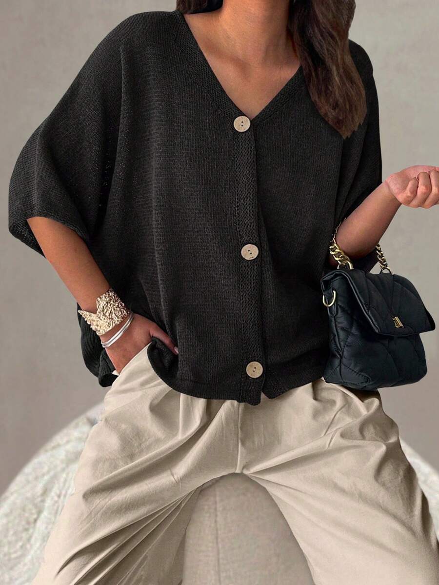 Women's New V-Neck Crochet Hollow Semi-Sheer Drop Shoulder Button Up Cardigan, Casual Fashionable Basic Lightweight Loose Knit Top, Spring/Summer/Autumn - Black - View 1