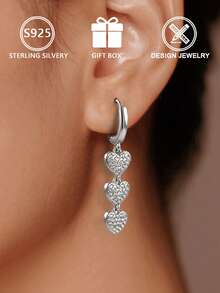 1pc 925 Sterling Silver Triple-Layer Cubic Zirconia Heart Pendant Earrings (Triple Heart Design), Gift Box, Suitable For Daily Wear And Valentine's Day Gift - Silver - View 8