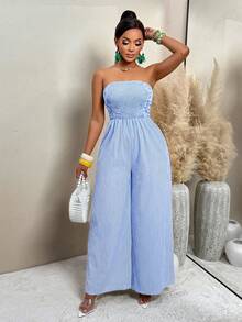 AIJ Bộ áo liền quần ống rộng xếp ly in họa tiết hoa cổ điển dành cho nữ (họa tiết ngẫu nhiên), thích hợp cho mùa hè. - Sọc xanh và trắng - Xem 3