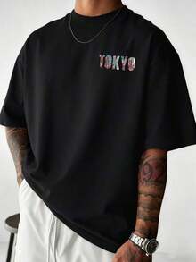 Camiseta de Manga Corta para Hombre, Versátil y a la Moda, con Slogan en Inglés "TOKYO" y Elemento de Tokio Impreso - Negro 2 - Ver 12
